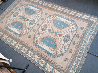 7x10'8 large area oushak rug, living room hand made rugs vintage blue turkish wool rug