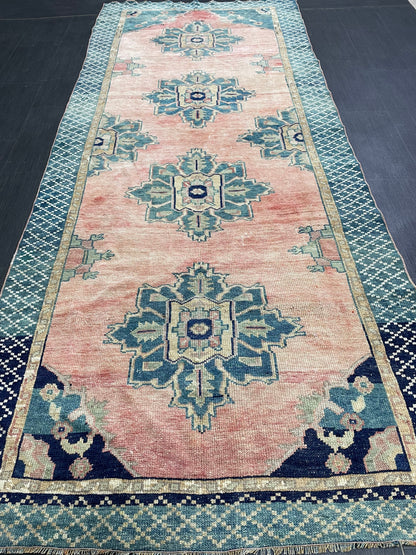 Turkish Oushak Runner 4.2 x 10 Rug Turkish Runner Rug Vintage Runner Rug Hallway Runner Rug Kitchen Runner Rug Wool Runner Navy Green