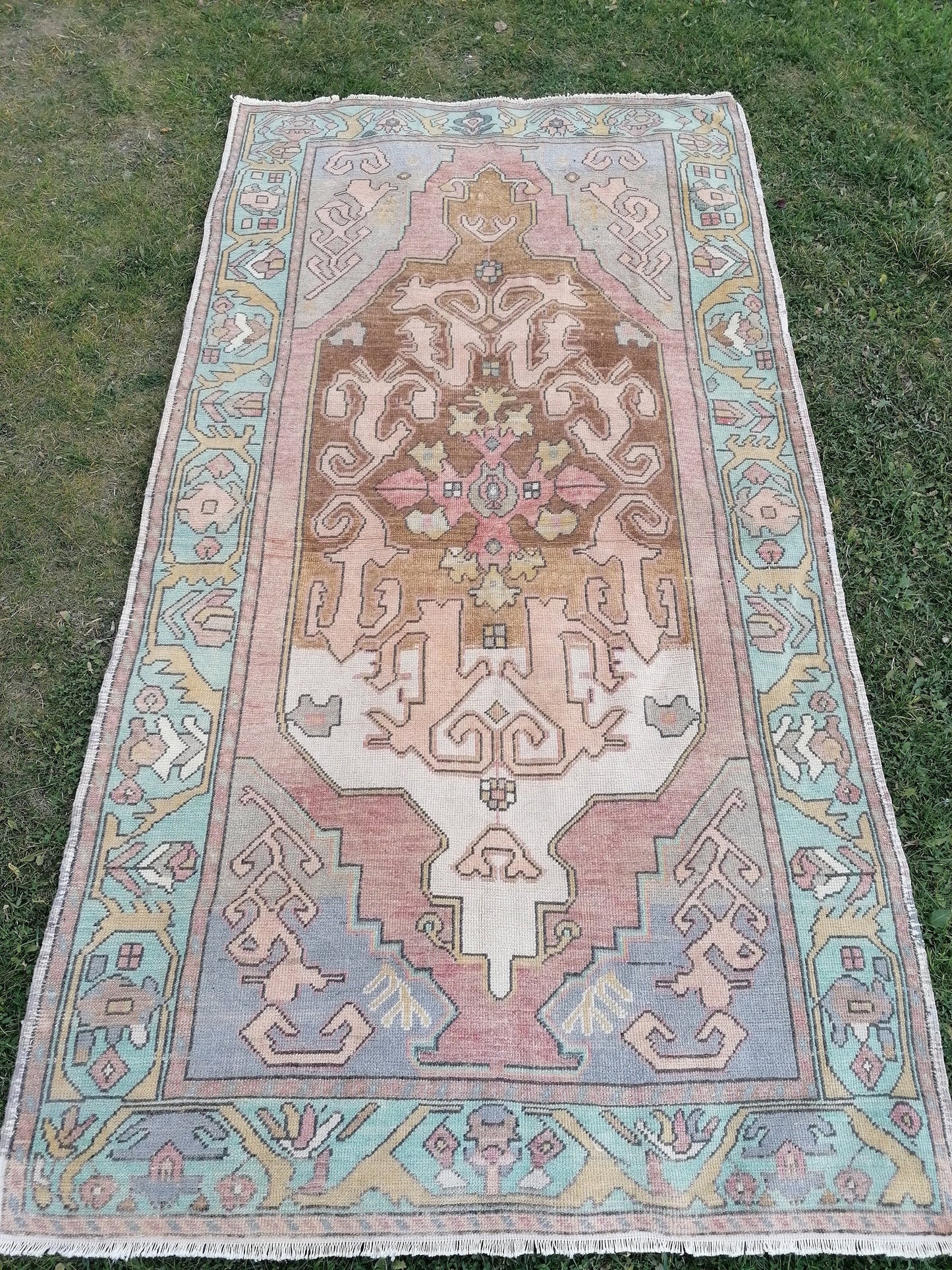 Vintage oushak hand made wool rug 4’4.8’3 kitchen rug, bohemian rug, area rug