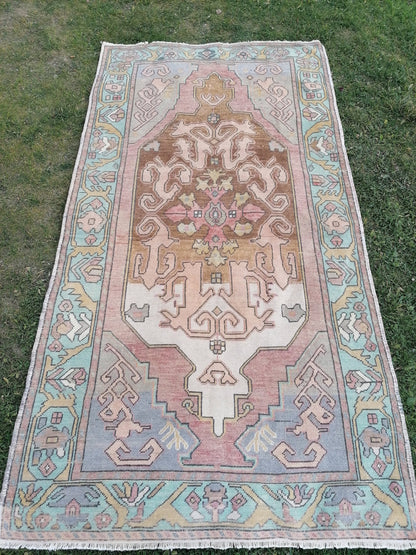Vintage oushak hand made wool rug 4’4.8’3 kitchen rug, bohemian rug, area rug