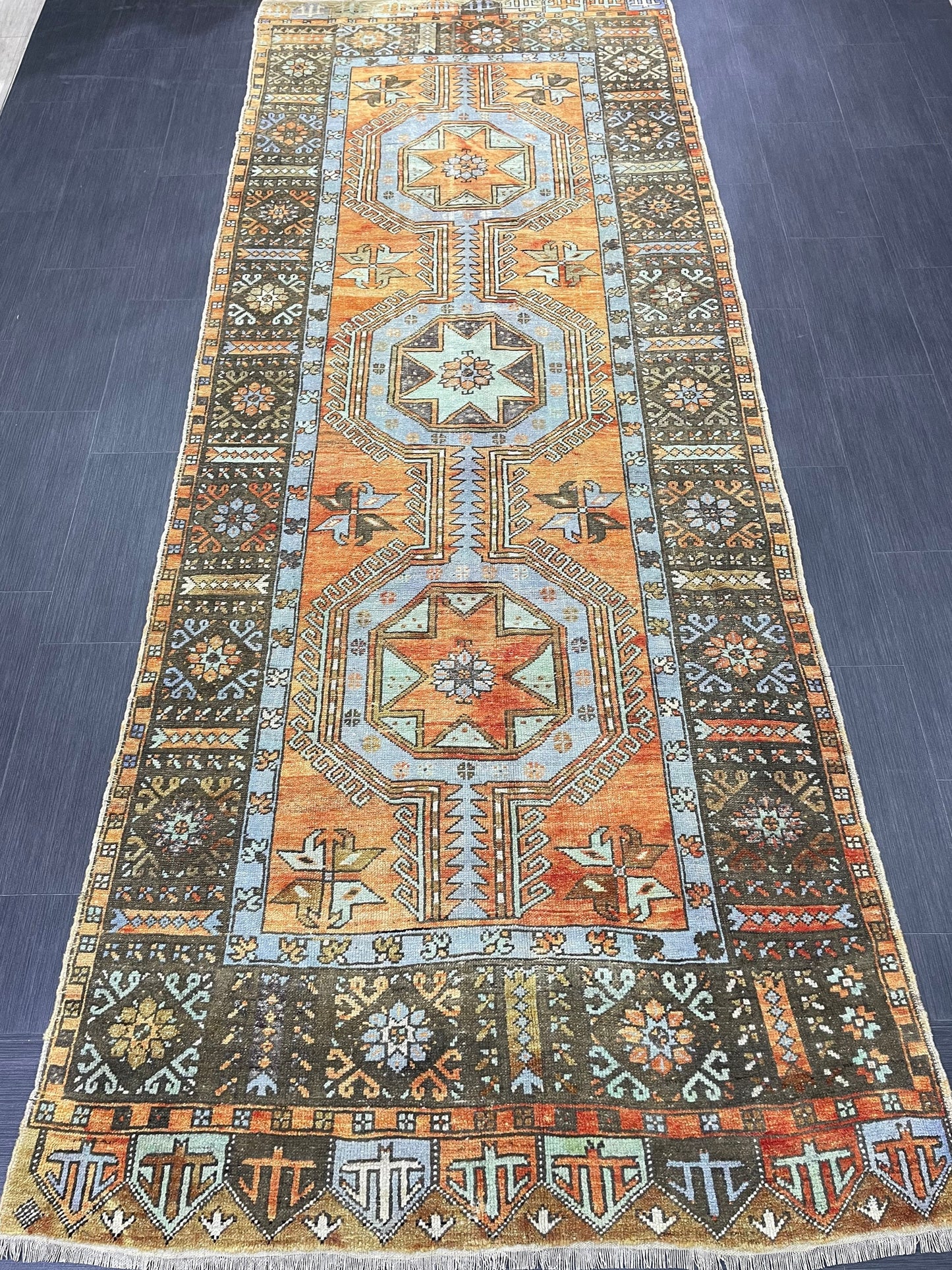 Vintage Hand Knotted Vintage 4.3 x 11.3 Runner Oushak Runner Rug Turkish Runner Rug Vintage Runner Rug Star Kitchen Runner Natural Wool