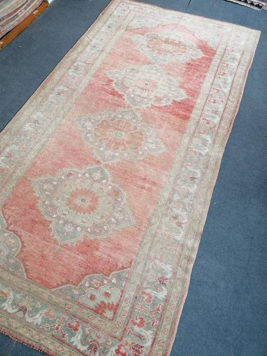 Turkish oushak runner rug 5'2x10'5 pastel vintage runner rug, unique hand made wool runner rug, kitchen runner rug, hallway runner rug