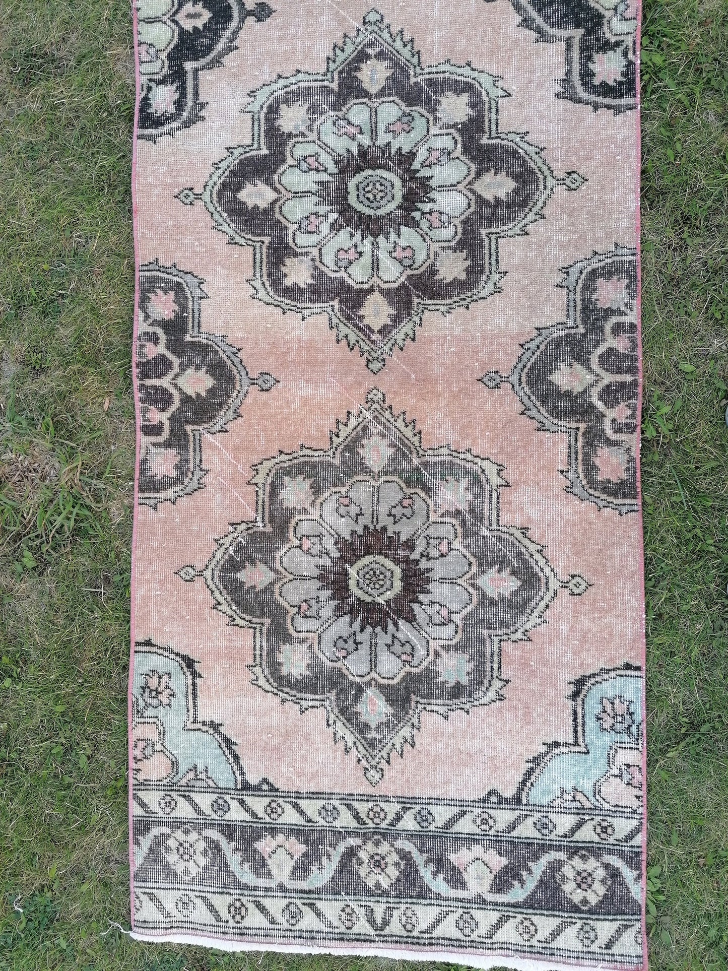 2'8x11'10 oushak turkish runner rug, vintage green runner rug, vintage wool runne, vintage hand made rug , kitchen runner rug,