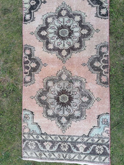 2'8x11'10 oushak turkish runner rug, vintage green runner rug, vintage wool runne, vintage hand made rug , kitchen runner rug,