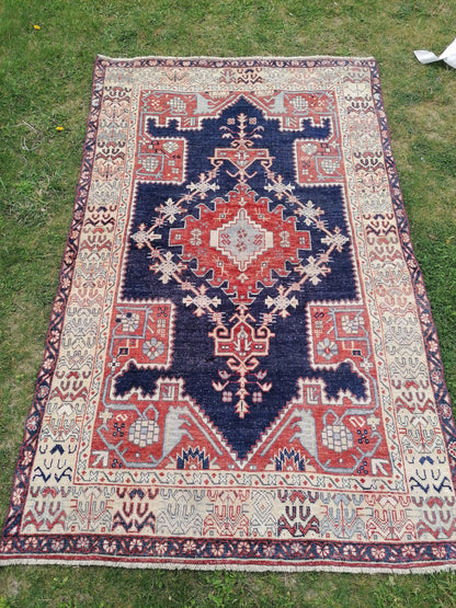 4x7 feet wide wool turkish rug, handmade kitchen floor rug, living room middle rug, vintage blue rug, oushak bedroom rug, kitchen medium rug