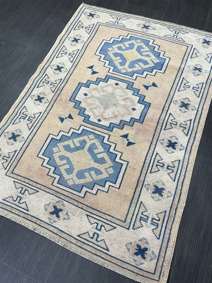 Hand Knotted Rug, Wool RUG, TURKISH Rug 3x4 ft, Vintage Oushak Rug, Vintage Persian Rug, Wool Oushak Rug, Handmade Vintage Rug