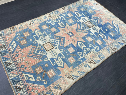 Muted Wool TURKISH Rug 4.6 x 7.4 Blue Vintage Persian Rug Vintage Oriental Rug Vintage Hand Made Rug Wool Vintage Oushak Rug
