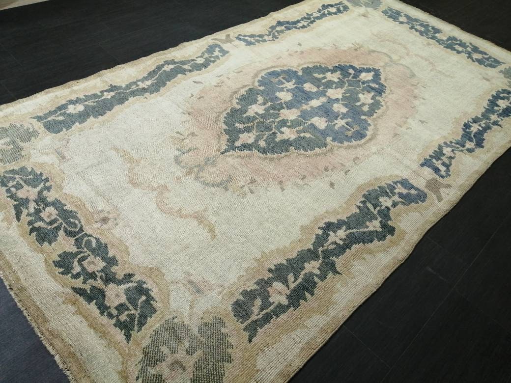 Persian Rug, Muted Vintage Rug,  5x9 Blue Turkish Rug, Wool Entryway Rug, Livingroom Rug Oushak Rug Navy Oriental Rug