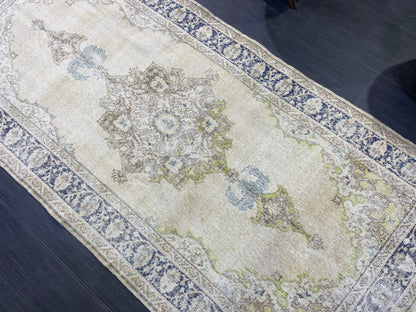 Muted Vintage Turkish Oushak Rug, Antique 3.8 x 8 Rug, Distressed Vintage Wool Rug, Handmade Rug, Hand Knotted