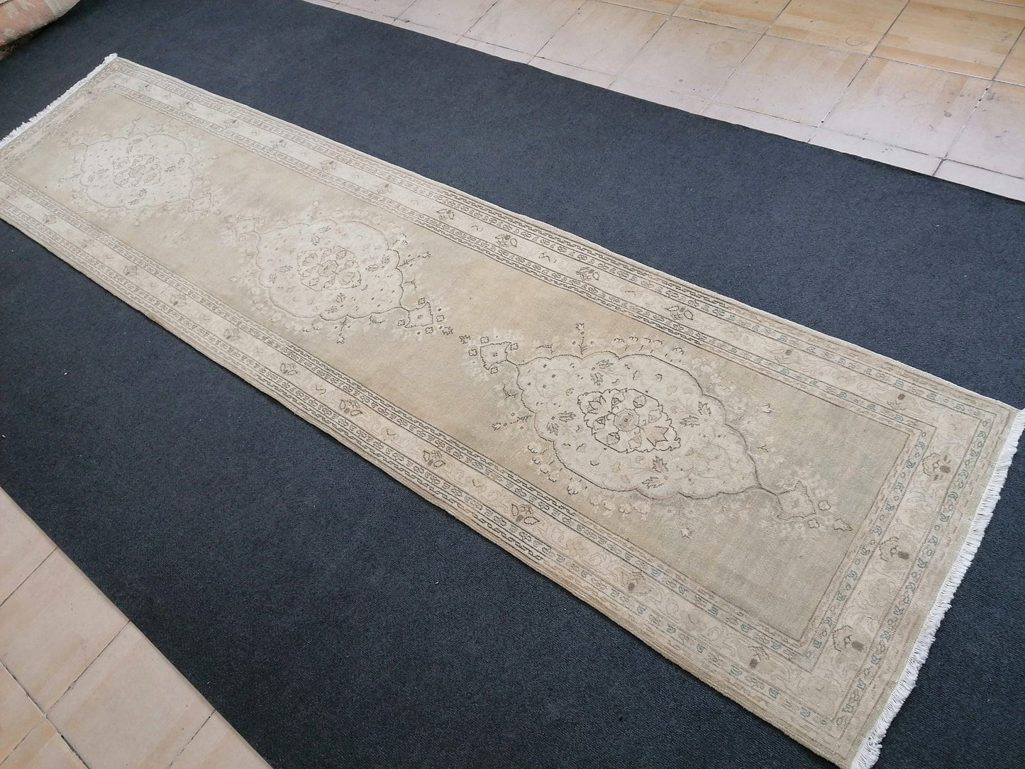 Faded hallway runner rug, 11'5x2'9, pastel runner rug, faded turkish runner rug, vintage runner rug, muted entryway rug,oushak runner rug