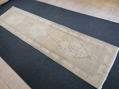 Faded hallway runner rug, 11'5x2'9, pastel runner rug, faded turkish runner rug, vintage runner rug, muted entryway rug,oushak runner rug