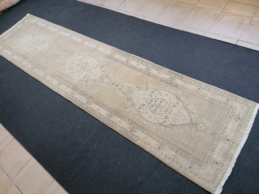 Faded hallway runner rug, 11'5x2'9, pastel runner rug, faded turkish runner rug, vintage runner rug, muted entryway rug,oushak runner rug