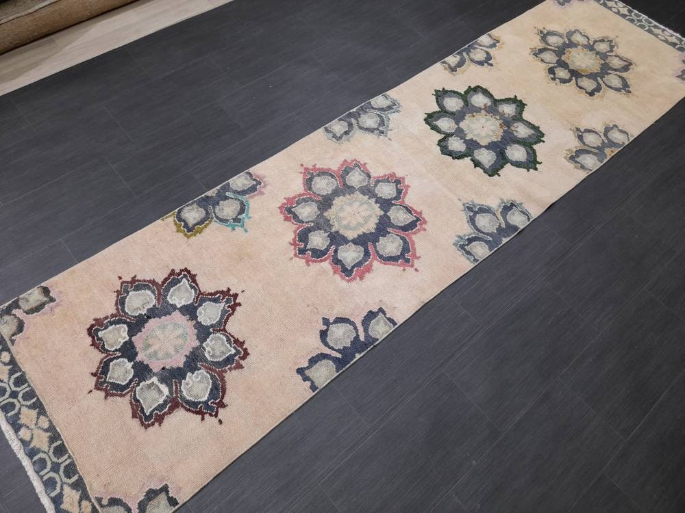 Muted Vintage Runner Rug 2.7 x 10.4 Muted Turkish Runner Rug Hand Made Runner Rug Vintage Runner Rug Hallway Runner Rug Distressed Runner