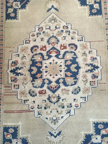 4x8 feet handmade muted oversize wide runner rug, vintage turkish living room rug, oversize kitchen area rug, wool blue persian big size rug