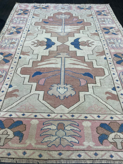 Vintage Rug 5.2 x 7.6 HANDMADE Rug Vintage Turkish Rugs Oushak Rug Pink Rug, Turkish Oushak Rug, Vintage Hand Knotted Rug, Wool Rug