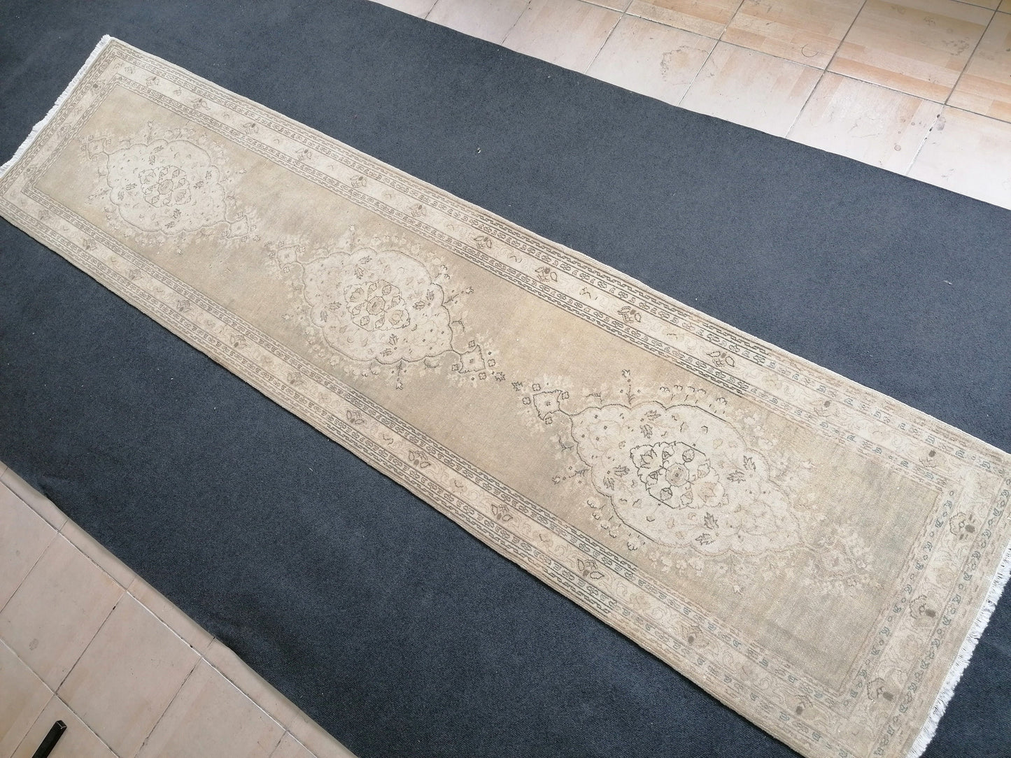 Faded hallway runner rug, 11'5x2'9, pastel runner rug, faded turkish runner rug, vintage runner rug, muted entryway rug,oushak runner rug