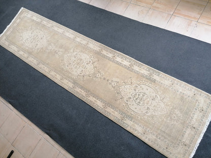 Faded hallway runner rug, 11'5x2'9, pastel runner rug, faded turkish runner rug, vintage runner rug, muted entryway rug,oushak runner rug