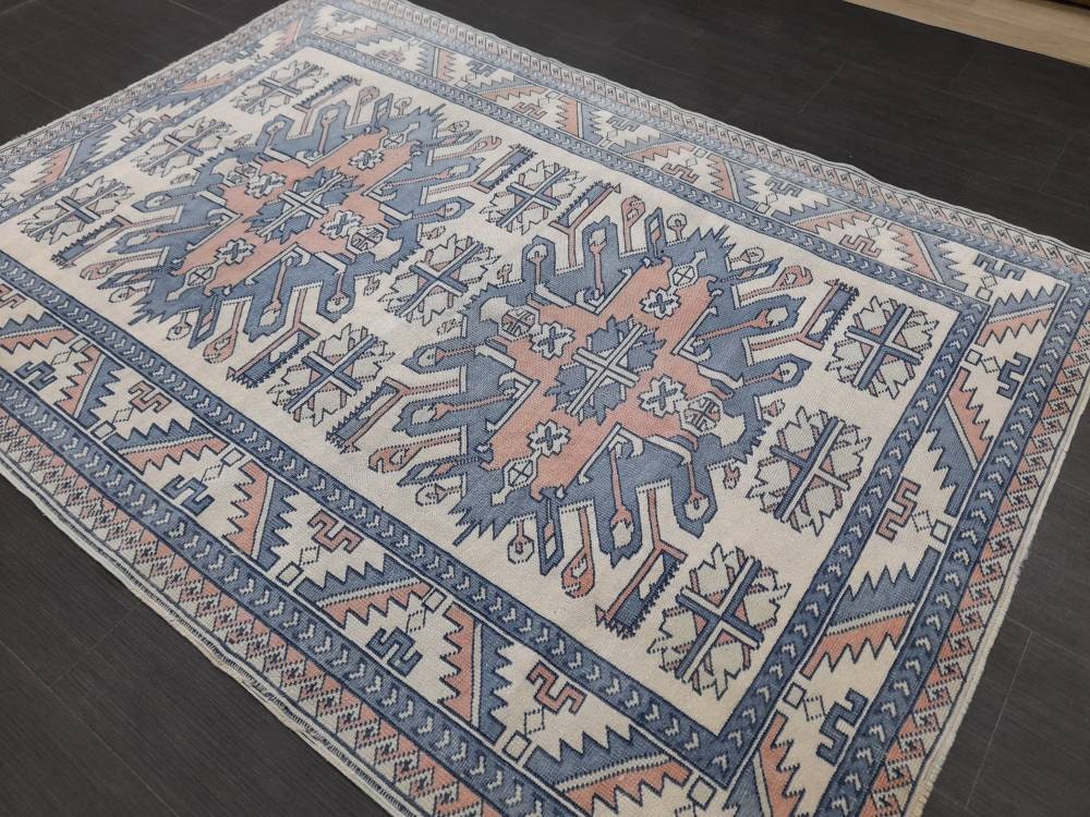 Blue Vintage Rug Hand Made Rug 4.6 x 6.5 Oushak Rug Rustic Rug ORIENTAL Rug Turkish Rug Vintage Persian rug