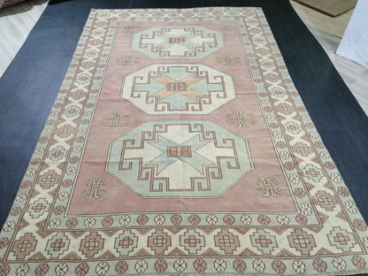 Muted OUSHAK RUG 9.7 x 6.4  Muted Vintage Rug Vintage Rug Dusty Rose And Ice Blue Wool Oushak Rug Hand Made Rugs Vintage Turkish Rug