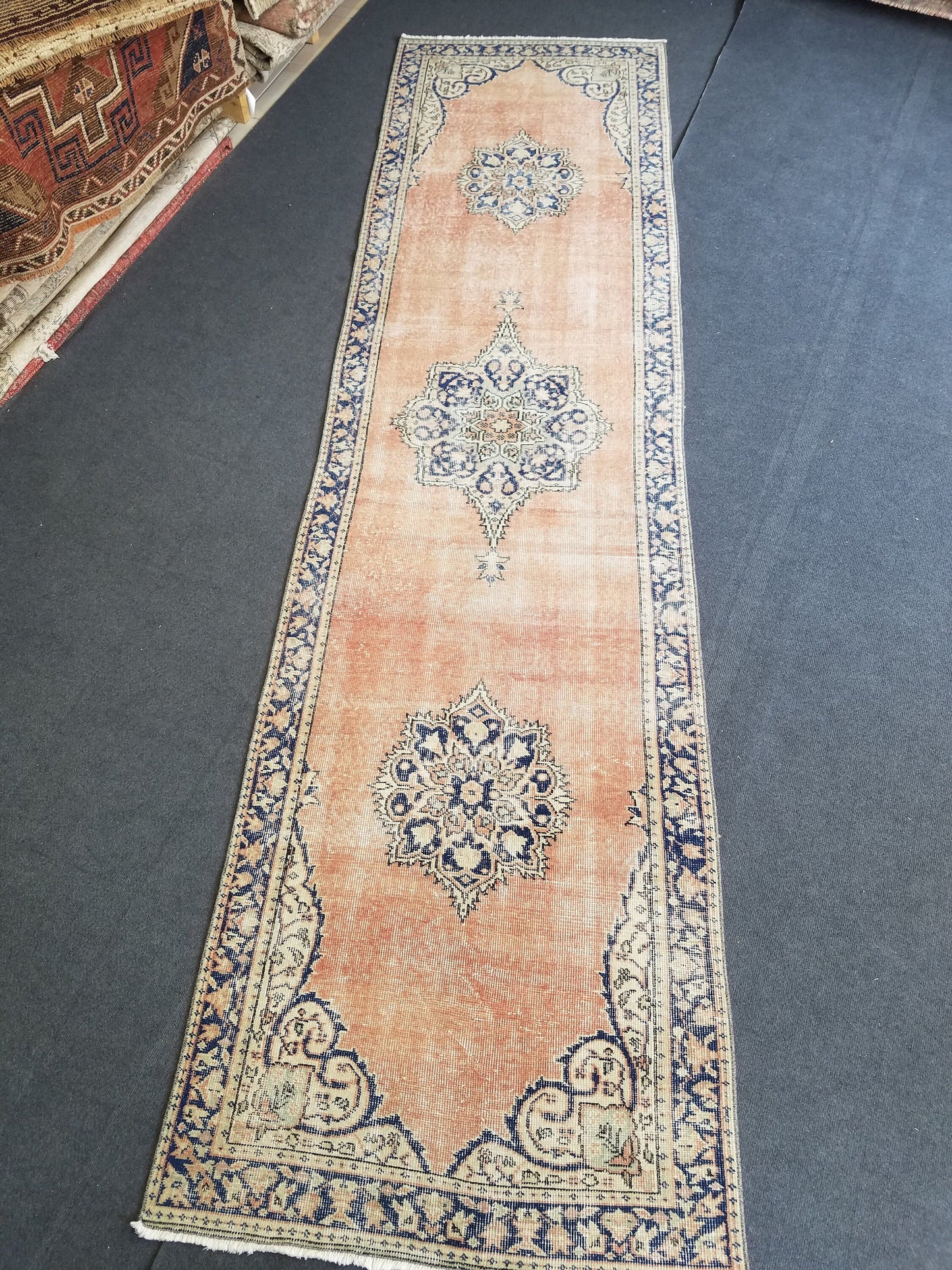 Vintage runner rug, oushak runner 3x11’7 turkish runner rug, kitchen runner