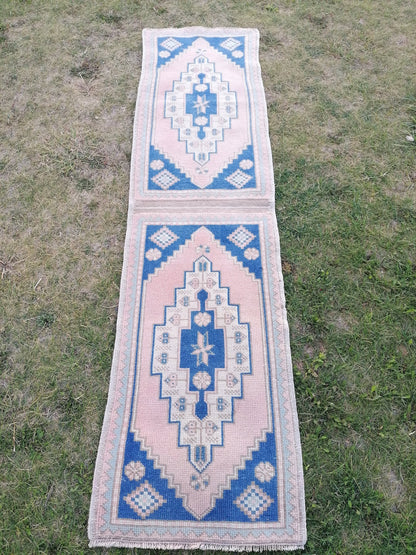 Blue pillow runner rug 1'10x7 hallway vintage rug, entryway hand made rug, kitchen runner