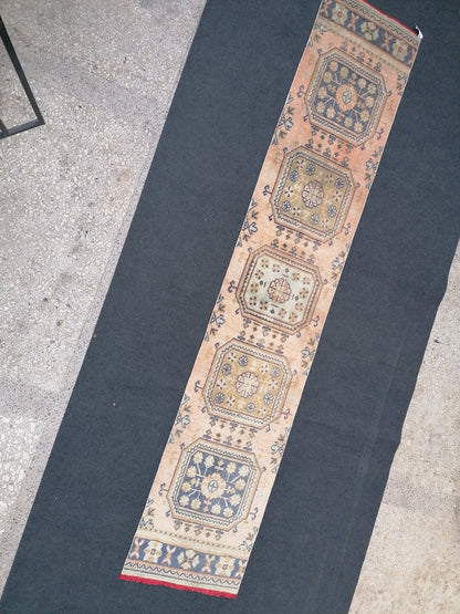 2'3x11'8 oushak turkish runner rug,turkish wool runner rug,hallway runner, vintage blue runner rug, vintage green runner rug,kitchen runner