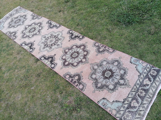 2'8x11'10 oushak turkish runner rug, vintage green runner rug, vintage wool runne, vintage hand made rug , kitchen runner rug,