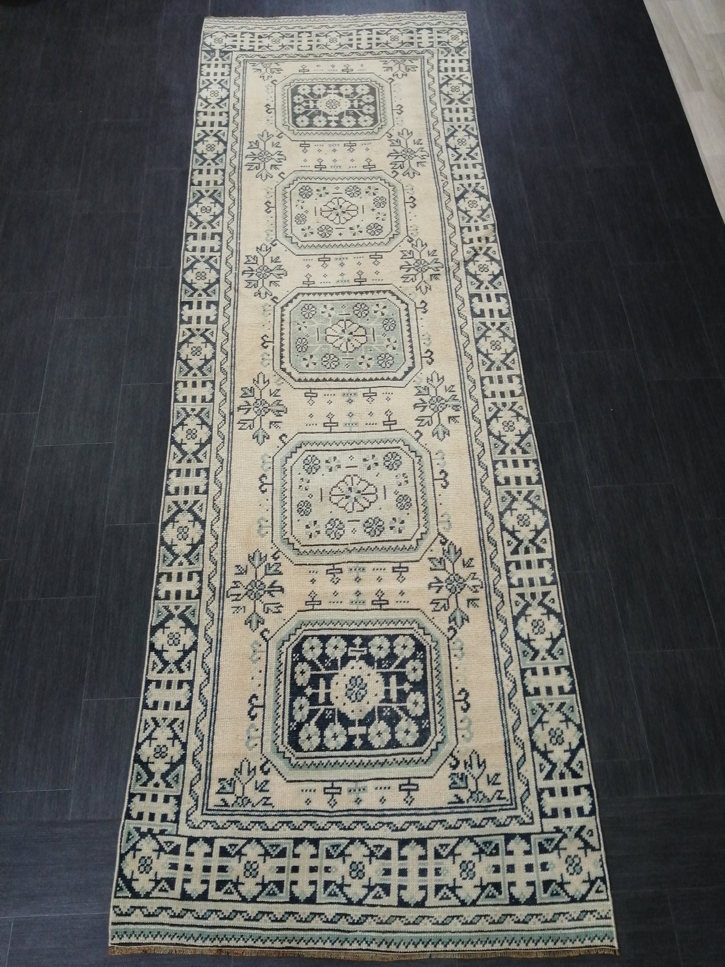 Muted Oushak Runner Rug 11.5 x 3.7 Vintage Turkish Runner Rug Muted Vintage Runner Rug Hallway Runner Rug Kitchen Runner Rug Wool Runner