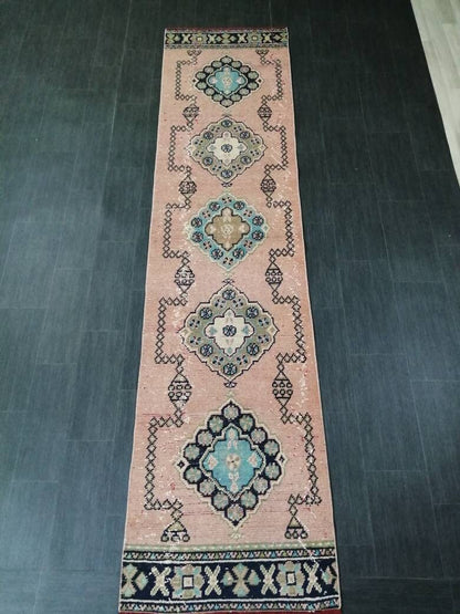 VINTAGE RUNNER Rug, Muted 10. 8 x 2.6 Vintage Turkish Runner Rug, Oushak Runner Rug, Hand woven Rug, Oriental runner Rug 2.6 x 11 Runner