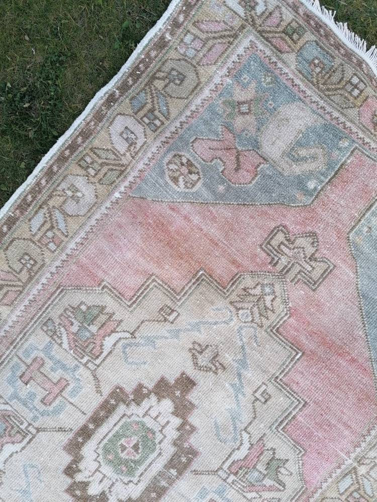 3'7x6'6 vintage pastel turkish rug, oushak vintage rug, kitchen rug,vintage anatolian bohemian rug,unique hand made bohemian