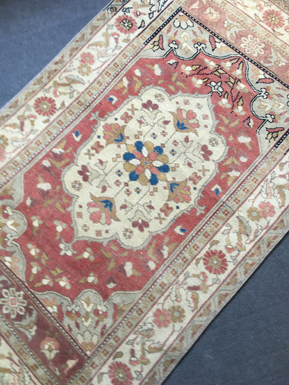 3.5x6 feet red faded turkish floral rug, handmade vintage brown bedroom floor wide rug, oushak bathroom area rug, entryway middle wool rugs