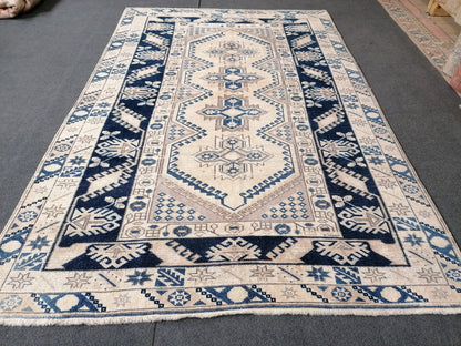 Vintage handmade rug, turkish wool rug 4'11x7'4  blue vintage oushak rug, bohemian rug