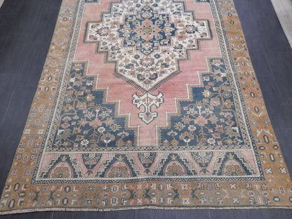 Blue and Pink OUSHAK RUG 6 x 11 TURKISH Rug Vintage Oriental Rug Vintage Persian Rug Wool Oushak Rug Hand Made Rug Vintage Turkish Rug