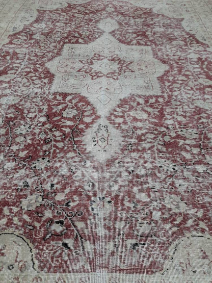 Vintage Turkish Rug 6.6 x 9 Oushak Rug Persian Rug Oriental Red Rug Muted Vintage Floral Rug Elegant Wool Rug Distressed HAND Knotted Rug