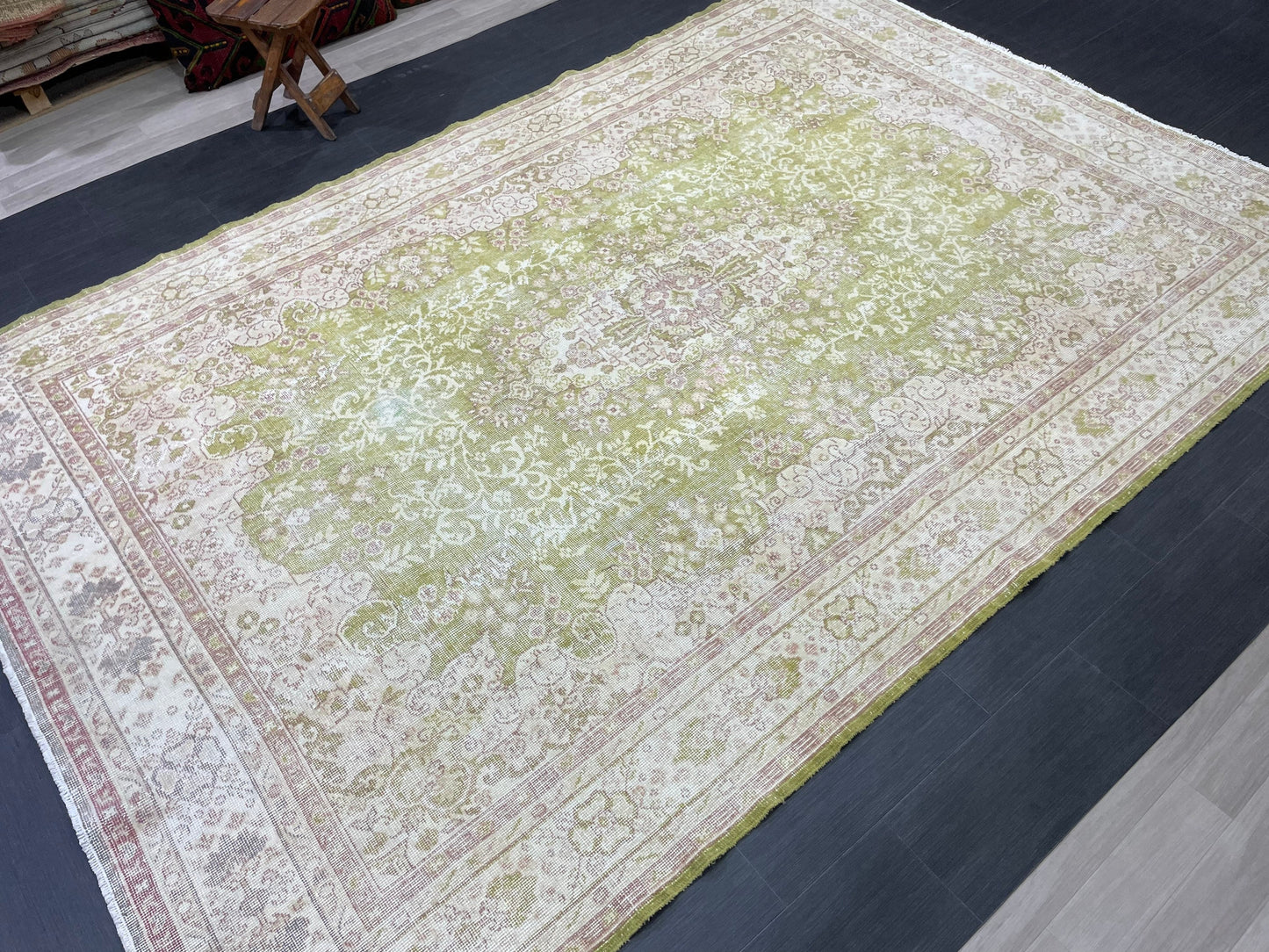 Vintage RUG Turkish 7 x 10.3 Rug Antique Rug Neon Green Rug Wool Muted Oriental Rug Handmade Rug Hand Knotted Rug Persian Rug