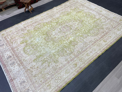 Vintage RUG Turkish 7 x 10.3 Rug Antique Rug Neon Green Rug Wool Muted Oriental Rug Handmade Rug Hand Knotted Rug Persian Rug