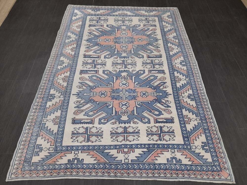 Blue Vintage Rug Hand Made Rug 4.6 x 6.5 Oushak Rug Rustic Rug ORIENTAL Rug Turkish Rug Vintage Persian rug