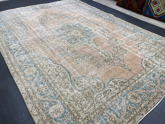 Vintage RUG Hand Knotted 7.5 x 10.6 TURKISH Rug Vintage Oushak Rug Wool Distressed Rug Handmade Rugs Vintage Turkish Rug