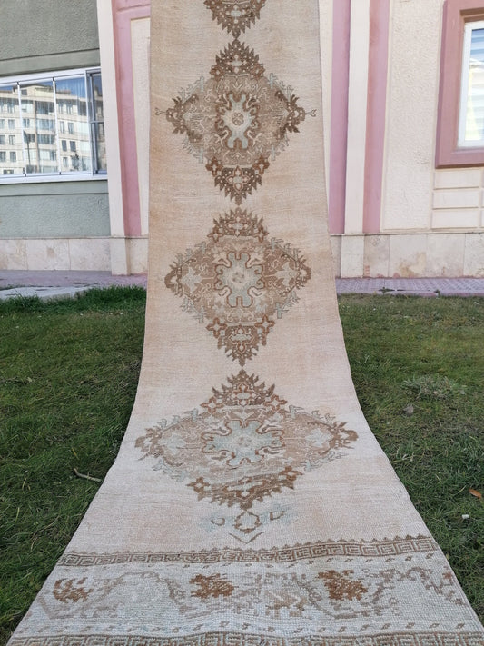 11'5x2'6 faded vintage runner rug, muted soft color turkish runner rug, pastel kitchen runner rug, oushak runner rug, hallway runner