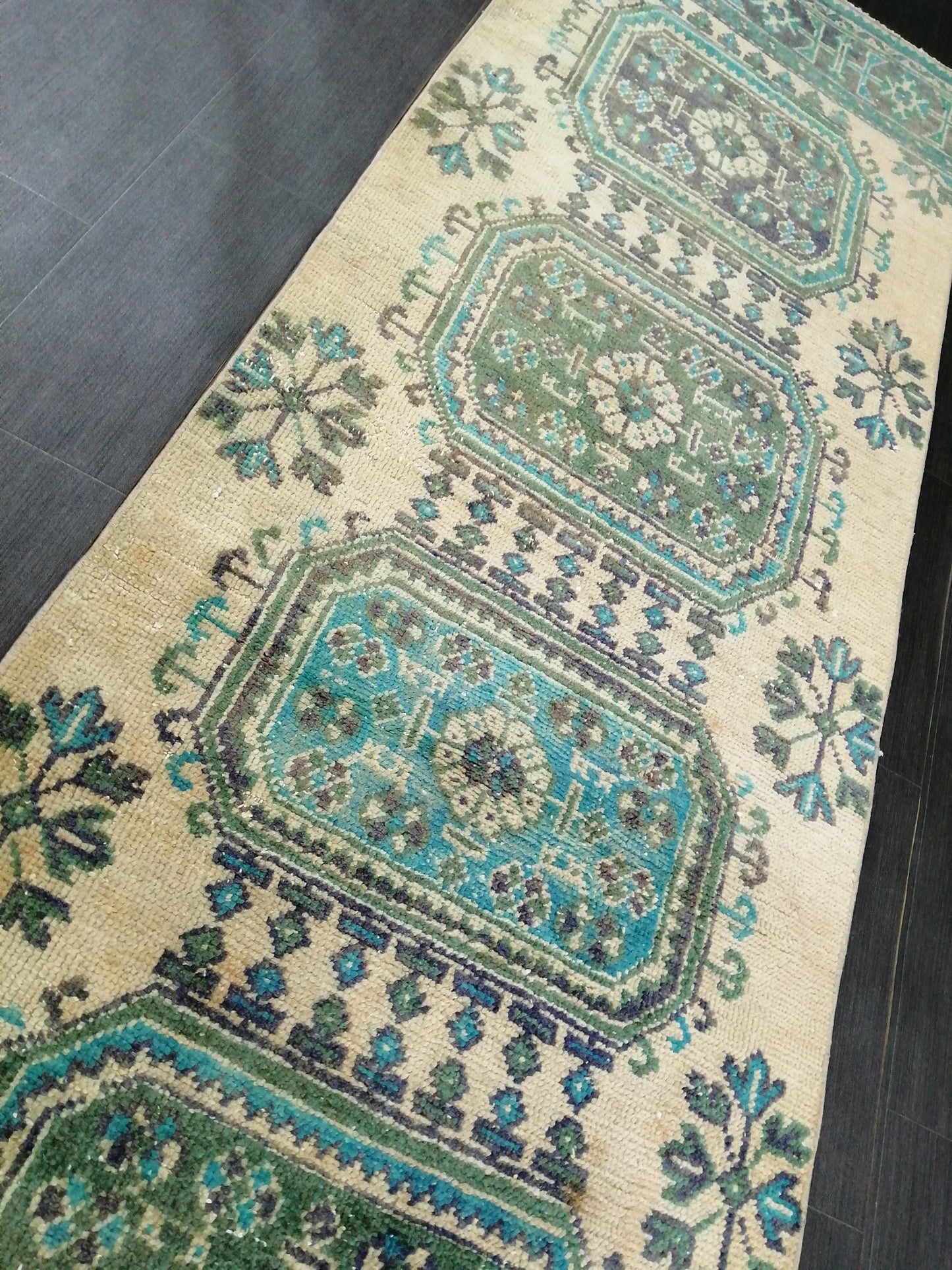 Green Blue Beige Oushak Runner Rug 11.8 x 2.8 Turkish Runner Rug Vintage Runner Rug 3x12 Hallway Runner Rug Kitchen Runner Rug Wool Runner