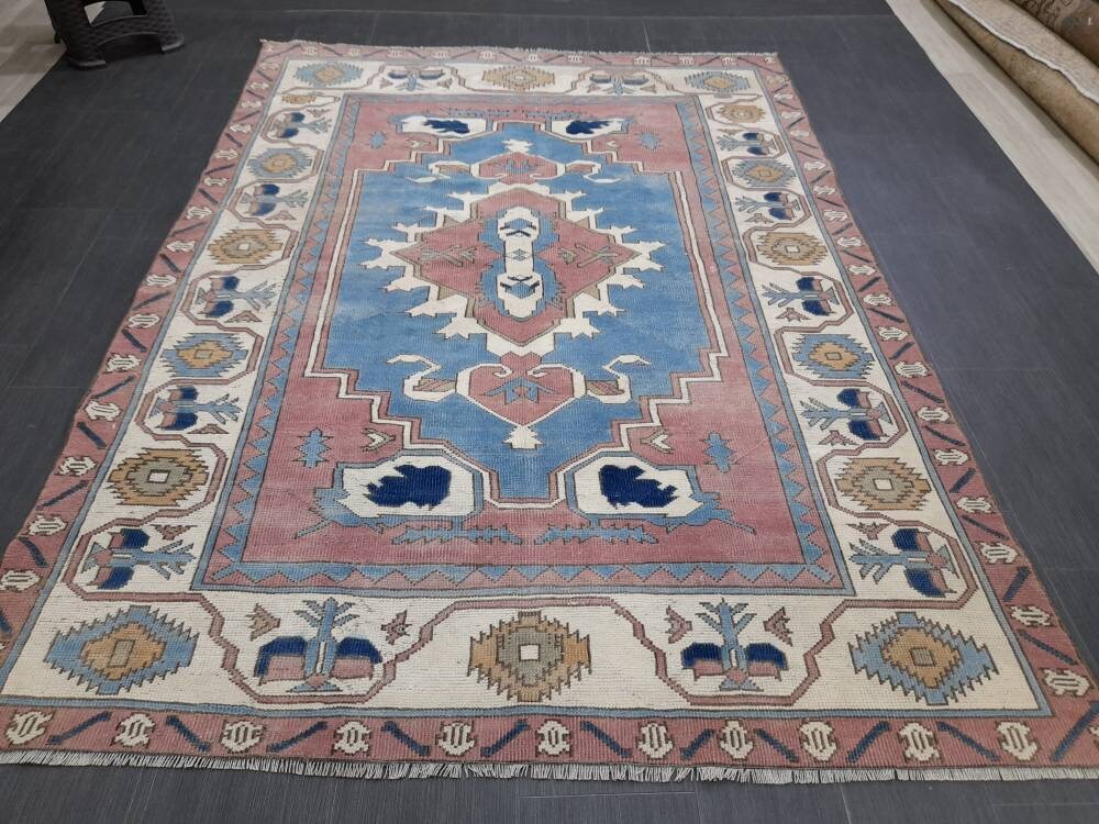 Blue Distressed Wool 5.6 x 7.8 RUG TURKISH Rug Vintage Oriental Rug Vintage Rug Oushak Rug Hand Made Rug Vintage Hand Knotted Turkish Rug