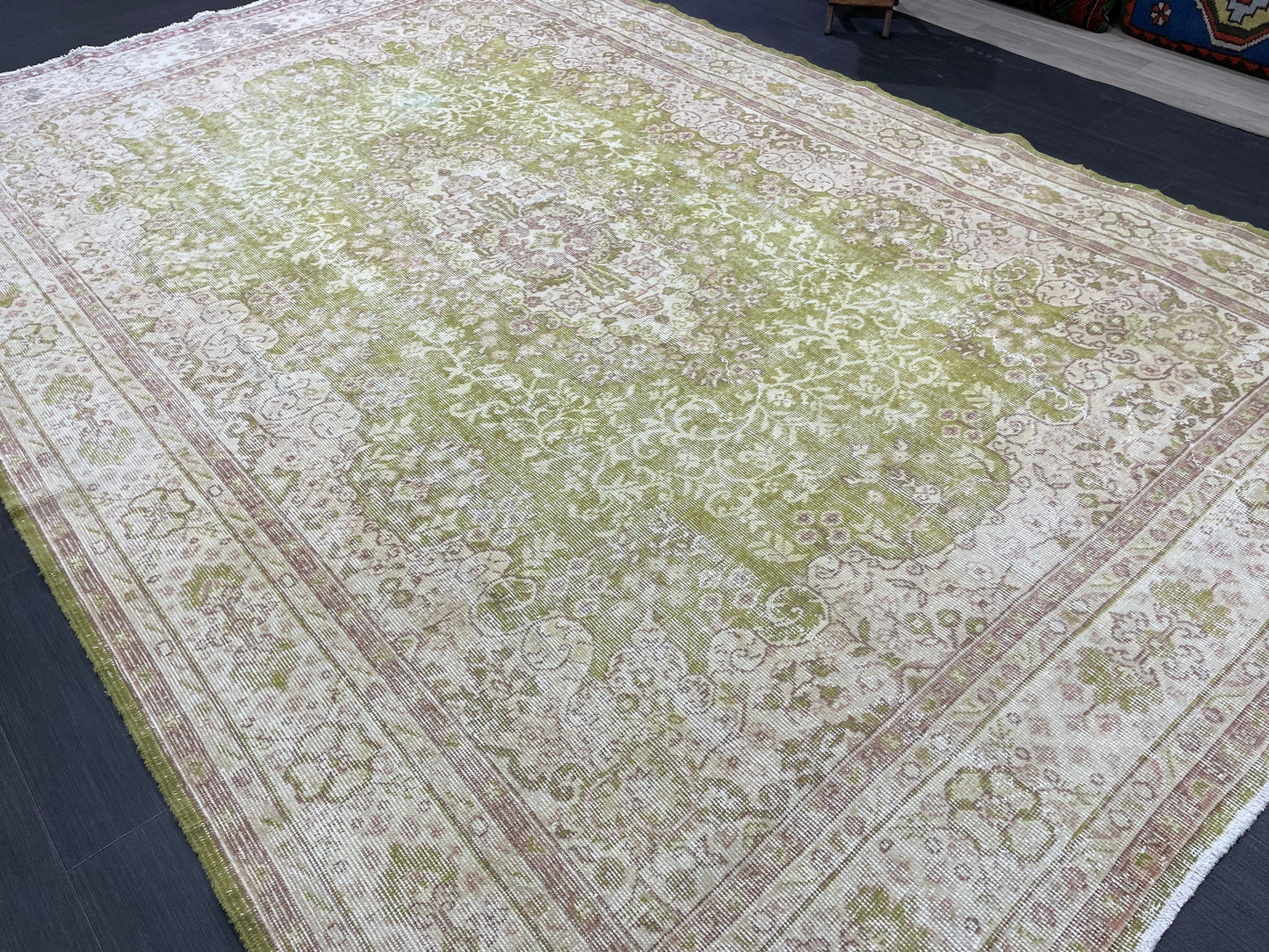 Vintage RUG Turkish 7 x 10.3 Rug Antique Rug Neon Green Rug Wool Muted Oriental Rug Handmade Rug Hand Knotted Rug Persian Rug