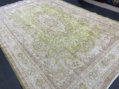 Vintage RUG Turkish 7 x 10.3 Rug Antique Rug Neon Green Rug Wool Muted Oriental Rug Handmade Rug Hand Knotted Rug Persian Rug