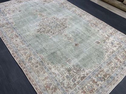 Green Vintage Rug Vintage 5.6 x 8.8 Hand Knotted Rug Wool Oushak Rug Hand Made Rugs Vintage Turkish Rug Persian Rug Distressed Rug