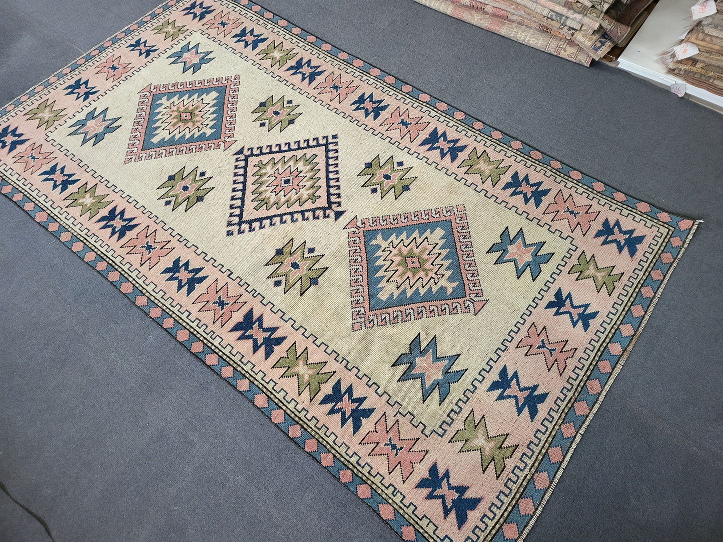 Hand Knotted Oushak Rug, Vintage 6 x 8.7 Rug, Handmade Turkish Rug, Persian Rug, Vintage Rug, Wool  Blue Large Rug
