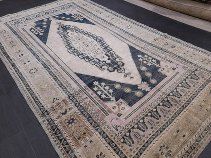 Muted TURKISH Rug Vintage Oriental Rug Vintage Persian Rug Blue OUSHAK RUG 6 x 10.8 Oushak Rug Hand Made Rug Vintage Excellent Condition Rug