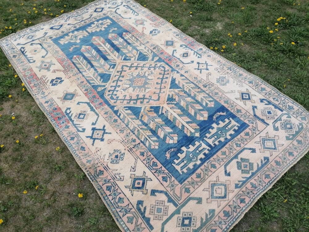Blue vintage rug, vintage rug, turkish oushak rug 5'5x9'5 hand made wool rug, boho floor rug