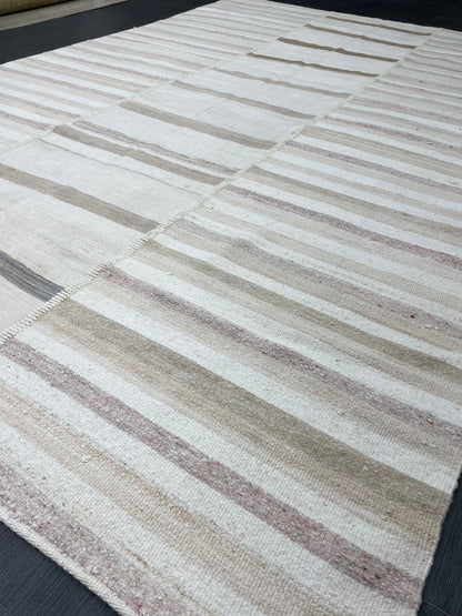 Neutral Vintage Rug 6.4 x 9.7 Stripe Wool Rug Muted Vintage Flat woven Rug Neutral Flatweave Carpet Stripped Rug Handmade Rug Turkish Kilim