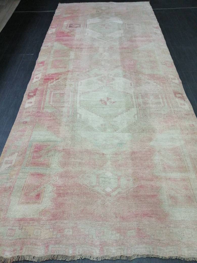 Vintage Runner 4.7 x 11.4 TURKISH Muted Runner Rug Vintage Oushak Runner Rug Light Pink Runner Rug Wool Oriental Runner Antique Runner Rug