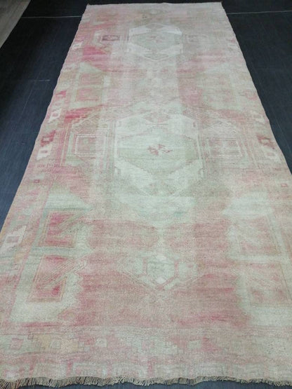 Vintage Runner 4.7 x 11.4 TURKISH Muted Runner Rug Vintage Oushak Runner Rug Light Pink Runner Rug Wool Oriental Runner Antique Runner Rug
